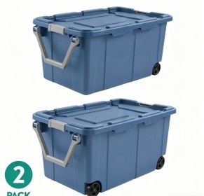 Large Wheeled Industrial Storage Bin, 40 Gallon Rugged Plastic Storage Tote with Latch Lid and Pull Handle, 2 Pack (Color: Blue, pack size: 2 Pack)